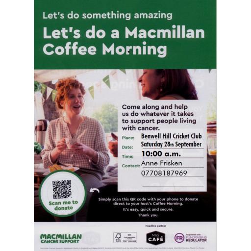 Early start for Macmillan Coffee Morning on Saturday 28th September