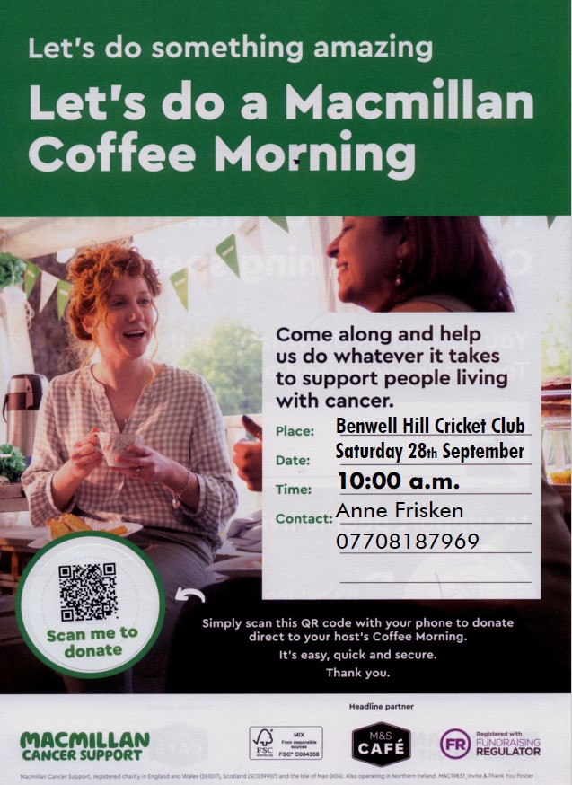 Early start for Macmillan Coffee Morning on Saturday 28th September